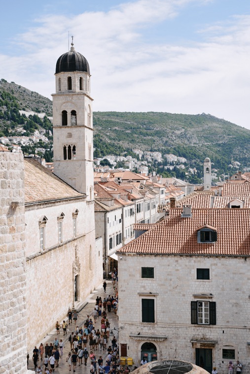 A bell tower above the main street