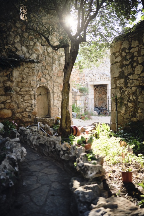 A sunlit stone garden path